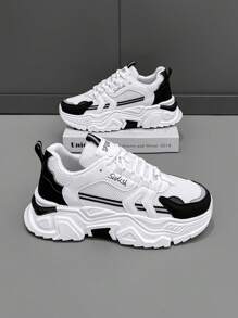 2024 New White Mesh Summer Sneakers For Men, Breathable Sport Casual Thick-Sole Chunky Sneakers, Elevator Shoes - White Black - View 3