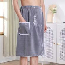 1pc Men's Fashion Bathrobes, Minimalist Soft Coral Fleece Water-Absorbent Quick-Dry Embroidered Letter Design, Large Pockets, Elastic Waist, Can Be Worn As Swimsuit Cover Up, Suitable For Home, Hotel, Beach, Gym Home Bathroom Decor Fall Decor Back To School For Beauty Salon Home Bathroom