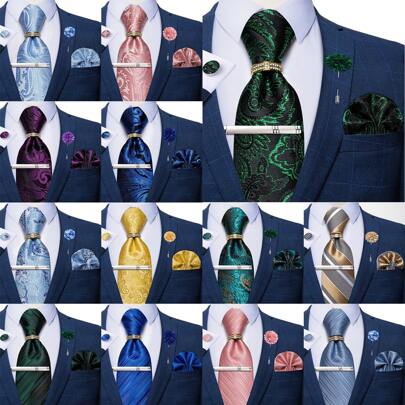 6pcs/Set Men Ties Striped Blue Floral Necktie Tie Handkerchief Square Ring Clip Corsage Wedding Fashion (Random Ring)