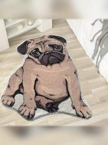 New Adorable Pug Dog Shaped Area Rug, Fluffy High Pile Polyester Non-Slip Mat, Machine Washable Vinyl-Backed Entryway Bedroom Rug, Indoor Pet-Friendly Creative Thick Carpet - Machine Made Asymmetric Shaped Rug