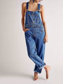 Women Denim Long Jumpsuit Casual Spaghetti Strap Wide Leg Romper Pants Summer Baggy Bib Overalls - 深藍色 - 查看 1