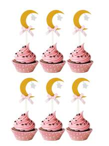 6 Stücke Mond Stern funkelnde Papier Cupcake Dekoration, goldener Mond und silberner Stern, rosa/blaue Schleife Kuchen Dekoration, geeignet für Geburtstags-Party, Geschlechter-Enthüllung, Hochzeit, Gabel Wild Horse Party Dekoration
