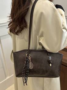 1pc Brown Quilted Zipper Closure Solid Color PU Bowling Bag, Large Capacity Tote Bag, Fashionable New Design, Shoulder Bag With Vintage Style, Suitable For Ladies Everyday Use, Autumn/Winter - Coffee Brown - View 4