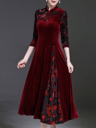 Floral Embroidery & Sequin Decor Dress, 3/4 Sleeve Long Dress With Stand Collar, Elegant Women's Outfit, Velvet-Like Fabric With Slight Stretch, Suitable For Christmas Eve, Thanksgiving, Christmas, Chinese New Year, New Year's Eve, Weddings, Parties, Birthdays, Gifts, Business, Festivals, Engagements, Ceremonies, Social Events, Galas