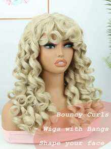 18 Inch Synthetic Fiber Curly Wig For Women, Fluffy Blonde Wig With Bangs, Natural Looking Cosplay Wig, Heat Resistant - Gold - View 3