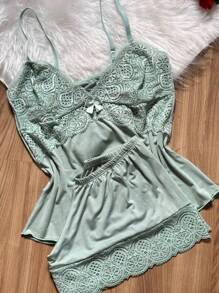 Short Doll Women's Pajama Set/ Two-Tone Lace - Mint Green - View 2