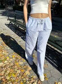 Women's Stripe Print Pants Drawstring Low Rise Straight Leg Trousers Bottoms - Baby Blue - View 2