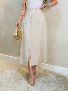 Monochromatic Long Tailored Skirt With Side Pockets And Zipper And Button Details/M5507 - Beige - View 1