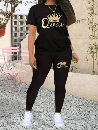 Conjunto informal de dos piezas para mujer compuesto por leggings y top de manga corta casual, con estampado de letra corona, adecuado para trajes de primavera y verano