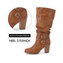 Womens Mid Knee High Boots Chunky Heel Slouchy Metal Buckle Side Zipper Fashion Winter Shoes - Brown - View 5