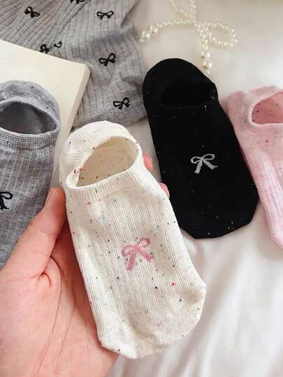 1/4 双女士短袜，圆点纱蝴蝶结隐形袜子，适合所有季节随机颜色