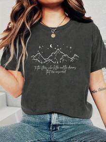 Áo thun nữ cổ tròn tay ngắn in họa tiết nhiều màu sắc, với thông điệp "Lắng nghe những vì sao và đáp lại ước mơ", thích hợp cho mùa hè, Tết Nguyên đán, Tết Âm lịch, Năm Ngựa, Tết Nguyên đán, Chúc mừng năm mới, Ngày Valentine, quà tặng Ngày Valentine, quà tặng cho người yêu. Phong cách thường ngày. - Màu xám đen - Xem 1