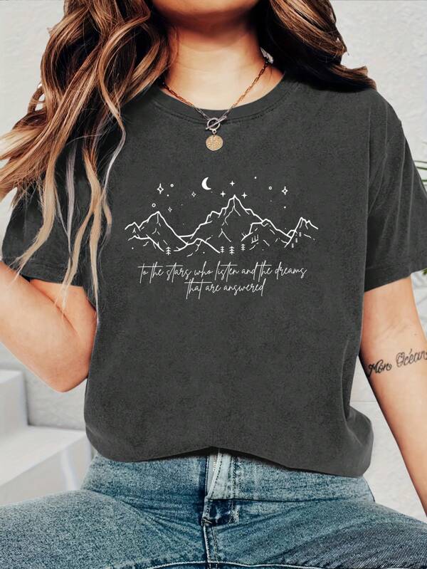 Maglietta estiva da donna a maniche corte, girocollo, con stampa "To The Stars Who Listen And The Dreams That Are Answer"