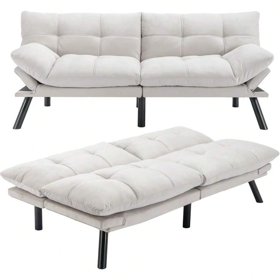 Futon Sofa Bed, 71" Comfy Loveseat Sleeper With Adjustable Backrest Armrest, Thick Padded Cushion, Small 2 Seater Futon Couch For Living Room Bedroom (Cream White) - 乳白色 - 查看 1