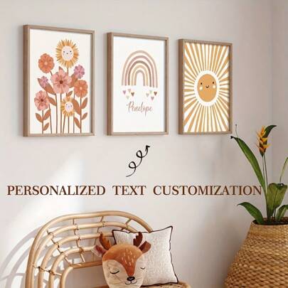 Juego de 3 piezas, póster de arte de pared con nombre personalizado - Juego de arte de pared en lienzo con nombre personalizado de 3 piezas - Impresión personalizada de león y elefante para decoración de sala de estar, dormitorio y cocina - Ideas de regalo únicas, adecuadas para dormitorios infantiles, guarderías y comedores - Impresiones de arte interior sin marco, sin marco, organizador de viaje