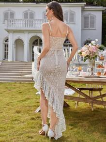 Sexy Lace Net Spaghetti Strap Asymmetric Ruffle Decor Cocktail Party Ball Gown Dress For Formal Occasions, Prom Dress