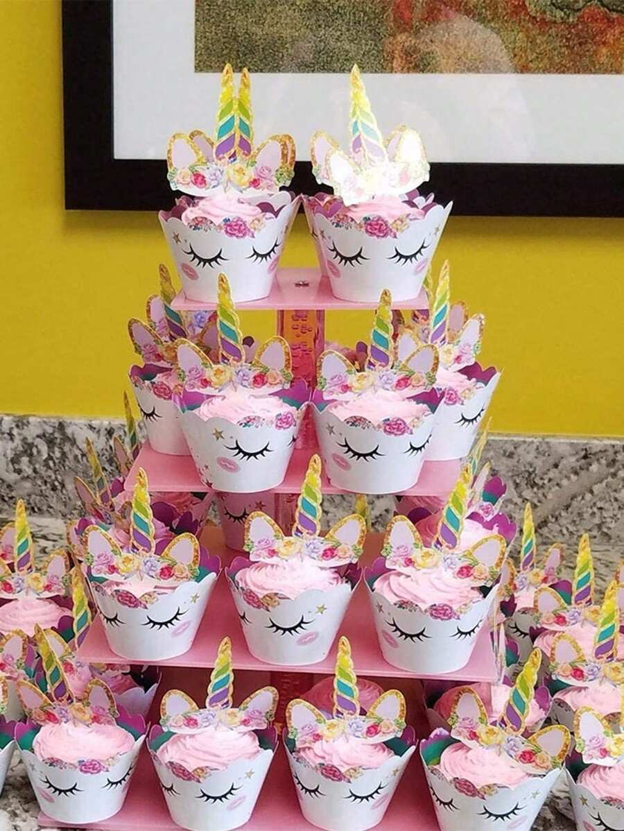 24/48个独角兽蛋糕装饰插牌/纸杯蛋糕插签/小旗,适用于生日派对、婚礼蛋糕装饰 - 彩色 - 查看 1