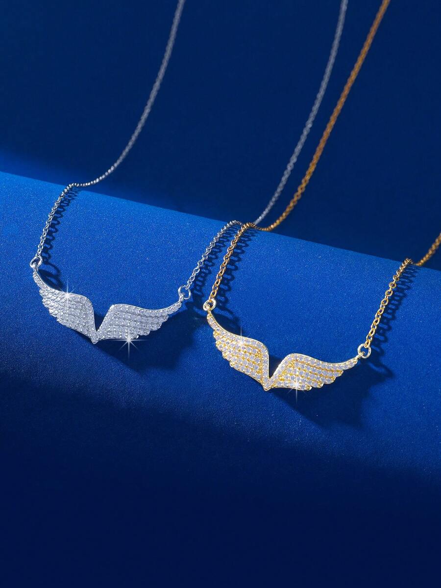 1pc Copper Cubic Zirconia V-Shaped Angel Wing Pendant Necklace, Charming Luxury Fashion Delicate Design Choker Chain Necklace For Women, Party Decor