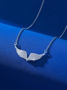 1pc Copper Cubic Zirconia V-Shaped Angel Wing Pendant Necklace, Charming Luxury Fashion Delicate Design Choker Chain Necklace For Women, Party Decor