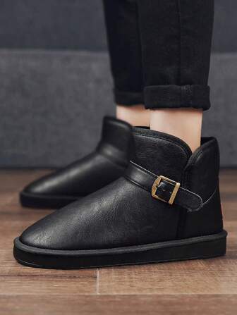 Men's Black Warm Plush Snow Boots, High-Top Outdoor Casual Boots For Winter