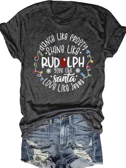 Christmas-Themed Pattern Printed Round Neck T-Shirt, Casual Short-Sleeve Top For Spring And Summer, Women's Wear