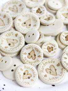 50pcs/Pack Vintage 2-Hole Wooden Heart Engraved Buttons, Suitable For Sweater, Knitwear, DIY Craft Decoration
