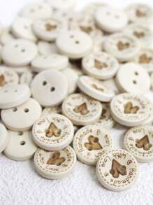 50pcs/Pack Vintage 2-Hole Wooden Heart Engraved Buttons, Suitable For Sweater, Knitwear, DIY Craft Decoration