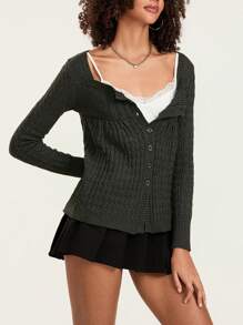 Y2K Fairy Grunge Knit Long Sleeve Tunic Tops Low Cut Peplum Babydoll Blouse Button Down Harajuku 90s Sweater - màu đen - Xem 4