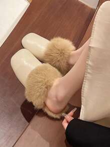 女士休闲一脚蹬拖鞋，秋冬季新款圆头毛绒拖鞋 - 米色 - 查看 2