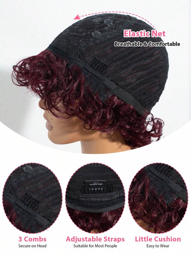 Human Hair Short Deep Curly Bob Wigs With Bangs 6 Inch Brazilian Afro Curly Human Hair Wigs Glueless Machine Made Short Pixie Cut Wigs For Women 99J Burgundy Color - S99J - View 6