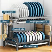 1 Piece Black Dish Drainer, Stainless Steel Dish Drainer For Kitchen Countertop, 2 Tier Kitchen Organizer, Storage Rack, Multifunctional Kitchen Dish Drainer With Four Hooks, Dish Drainer And Cutlery Rack, Water, Rust And Stain Resistant, Keep Kitchen Cutlery Tidy - 黑色 - 查看 9