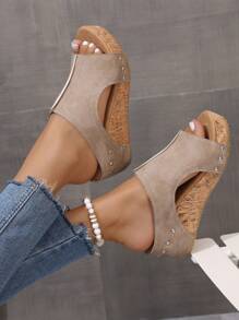 Vintage Peep Toe Peep-Toe Sandals For Women, Beige/Black Anti-Slip Thick Bottom Wedge Heels Outdoor/Beach Slippers, Comfortable High Heels