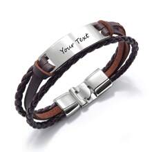 Personalized Men's Leather Carved Bracelet, Customizable Text, Minimalist Layered Woven Bangle, Birthday Gift, Father's Day, Wedding, Christmas Present For Him, Dad, Boyfriend
