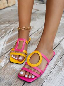 新款女士平底凉鞋，方头设计，多巴胺配色，几何绑带，套脚式，轻便舒适，可随意搭配，春夏户外休闲度假沙滩拖鞋 - 玫紅色 - 查看 6