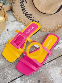 新款女士平底凉鞋，方头设计，多巴胺配色，几何绑带，套脚式，轻便舒适，可随意搭配，春夏户外休闲度假沙滩拖鞋 - 玫紅色 - 查看 4