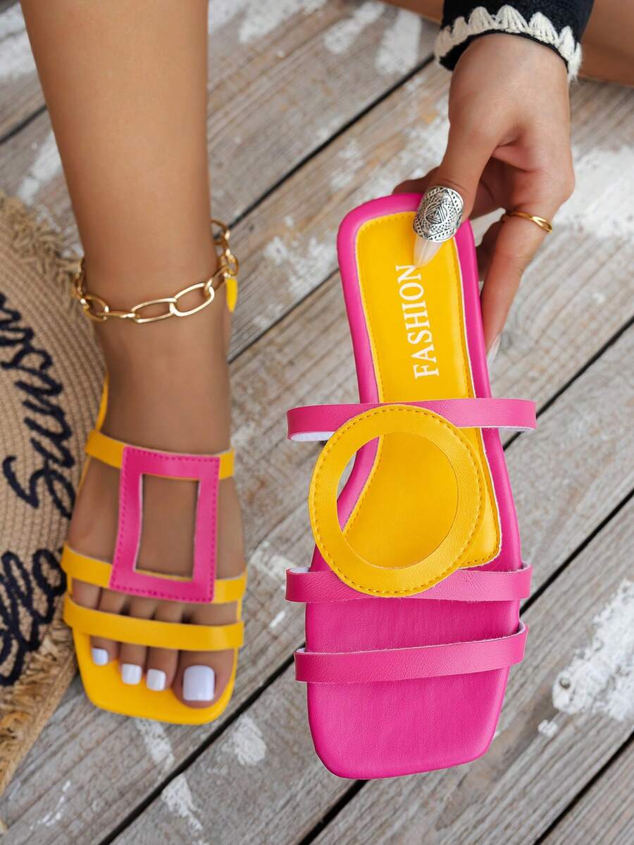 新款女士平底凉鞋，方头设计，多巴胺配色，几何绑带，套脚式，轻便舒适，可随意搭配，春夏户外休闲度假沙滩拖鞋