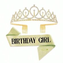 1set Pink 'Birthday Girl' Shoulder Strap Rhinestone Crown Headband Set, Party Accessory Prom Halloween - Gold - View 12