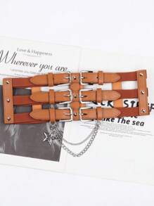 1 pieza Cinturón de estilo punk europeo y americano con cadena para mujer, banda decorativa para la cintura para vestidos y chaquetas, accesorio de entrenador de cintura de verano para damas, decoración de cadena gótica punk para vestido, cinturón negro de mujer para vestido, entrenador de cintura para adelgazamiento y control del abdomen
