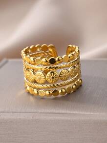 1 Pc Fashion Multi-Layered Geometric Open Ring For Women Gold Color Stainless Steel Wide Ring Wedding Party Jewelry Gift