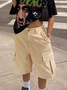 Y2K Street 卡其色弹力垂腰翻盖口袋宽腿宽松酷炫休闲百慕大及膝工装短裤 - 卡其色 - 查看 1