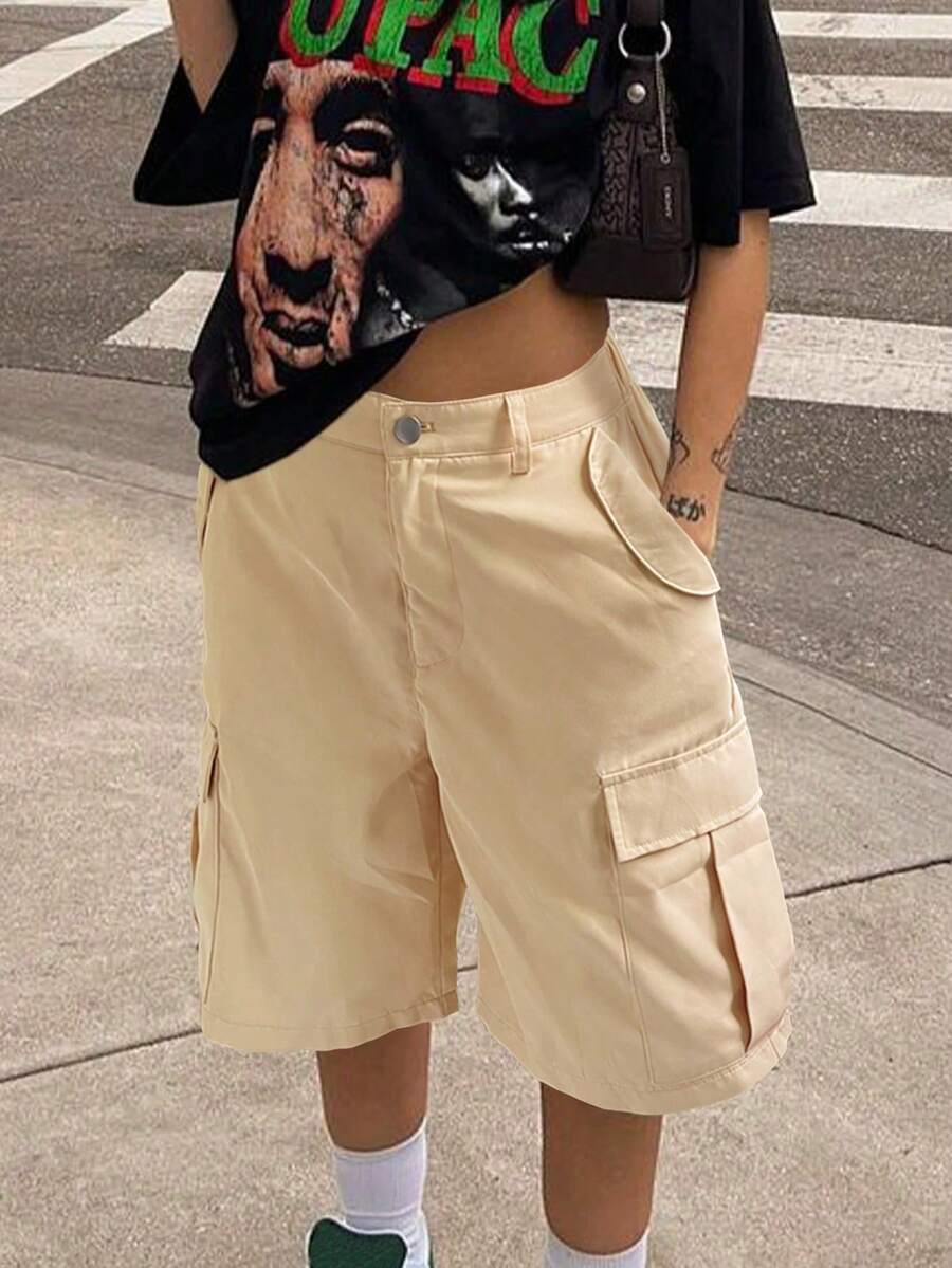 Y2K Street 卡其色弹力垂腰翻盖口袋宽腿宽松酷炫休闲百慕大及膝工装短裤 - 卡其色 - 查看 1