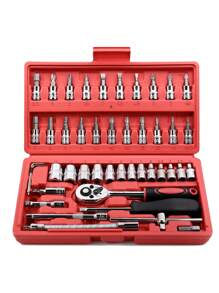 Juego de dados, juego de llaves de vaso de 46 piezas de 1/4" ,Juego de llaves de carraca con juego de llaves de vaso de broca métricas y extensiones para reparación de automóviles y hogar con caja de almacenamiento - Rojo - Ver 1