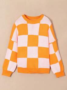格纹橙色主教袖优雅毛衣，长袖上衣