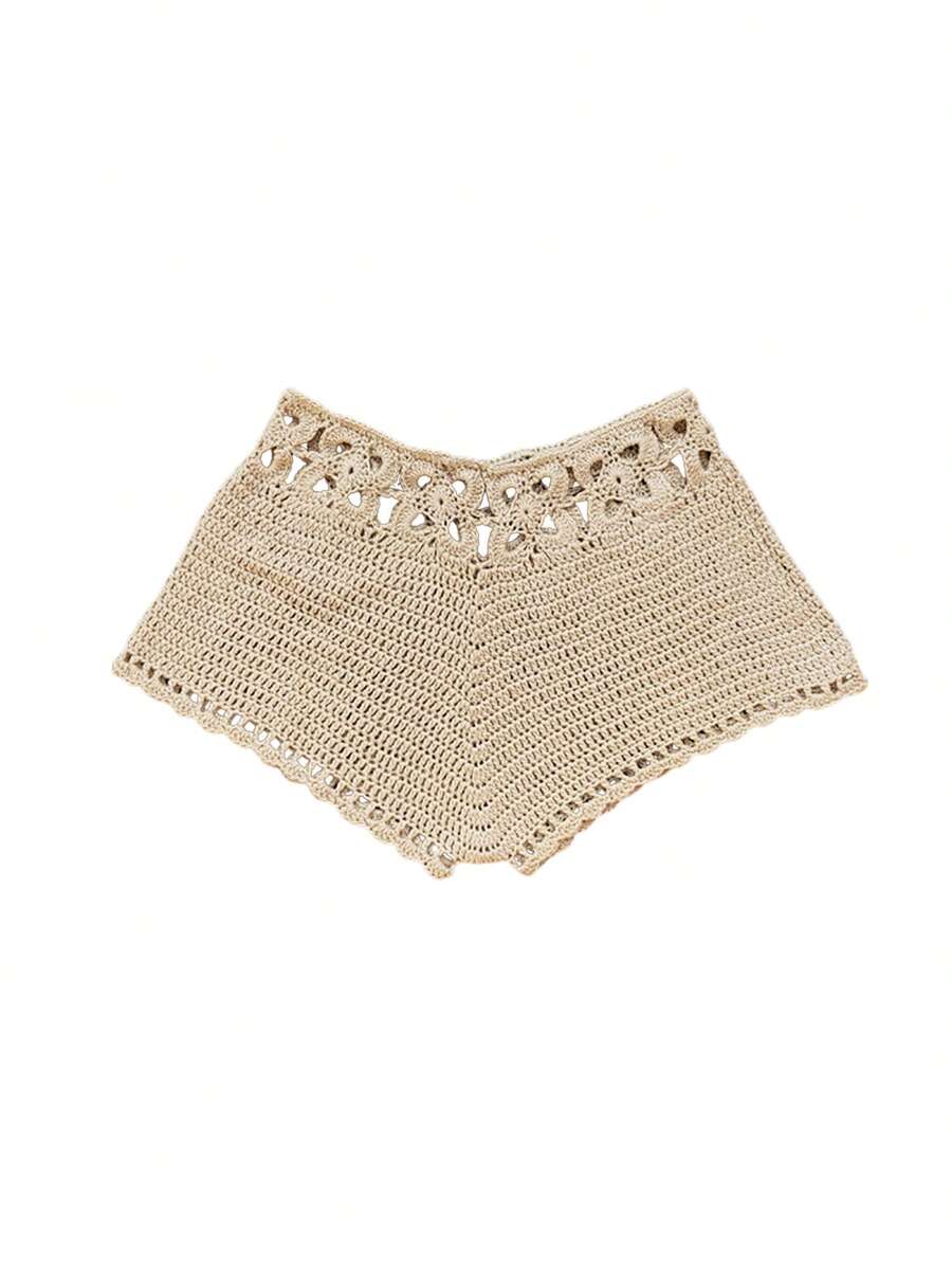 Beauace Womens Swim Shorts Crochet Cutout Bathing Suit Bottoms Drawstring Beach Board Shorts Summer Swim Trunks - Beige - View 1
