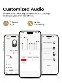 havit LIFE NC01H 可折叠主动降噪立体声无线耳机，80 小时长续航，低延迟，包耳式耳机，轻巧便携，可通过应用程序进行个性化设置，紫色礼品选择