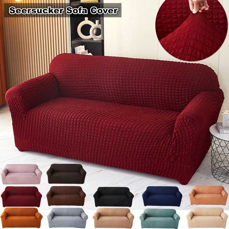 1 件泡泡纱沙发套带裙边，通用弹力沙发套，易安装沙发套，可水洗高弹力家具保护套，适用于 1/2/3/4 座 L 型沙发礼物生日毕业沙发套房间装饰客厅装饰 - 彩色 - 查看 1