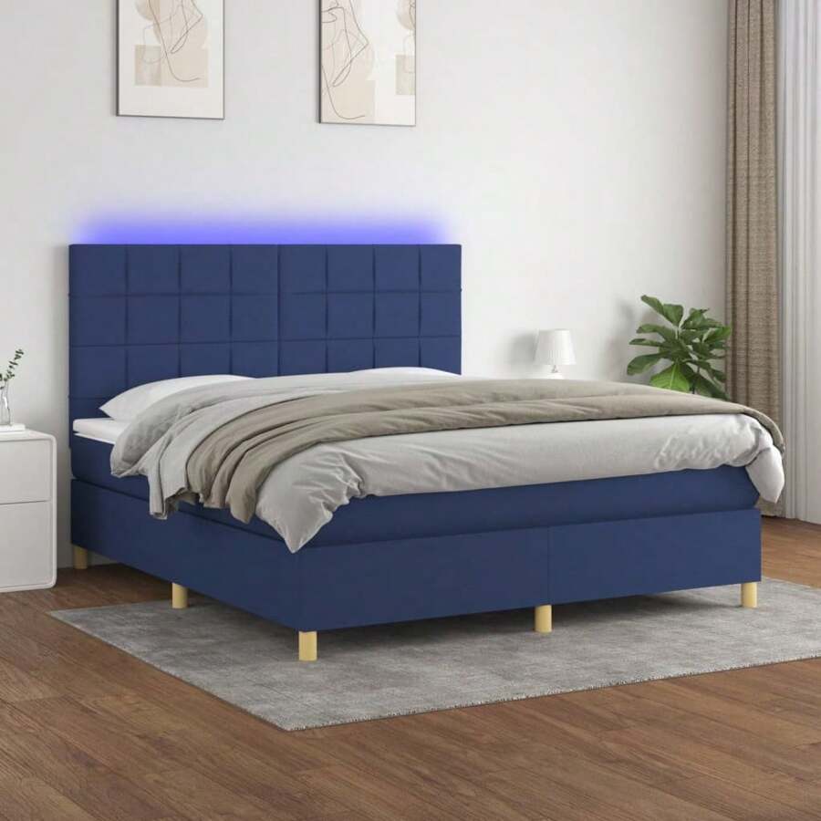 Luxurious Blue Fabric Box Spring Bed With Comfortable Mattress 180x200 Cm - 藍色 - 查看 1