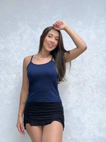 Women's Plain Tank Top In Vicolycra Mesh Baby Look Thin Straps Various Colors - 藏蓝色 - 查看 1