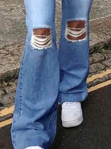 Light Blue Ripped Flare High Waisted Jeans, Casual Style - Light Wash - View 4