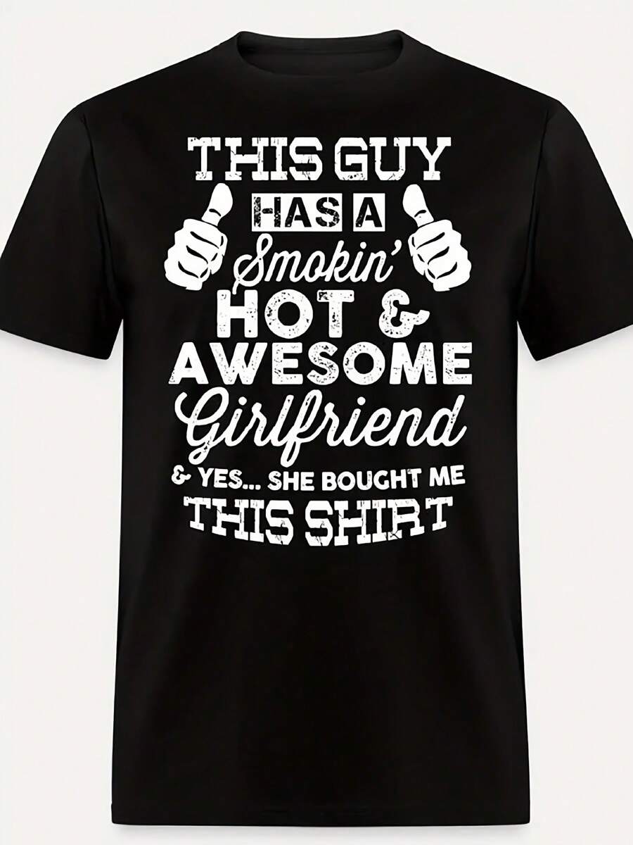 Men's Cool Girlfriend Boyfriend Love Letter Printed T-Shirt, Comfortable And Breathable Cotton Short Sleeves, Summer Casual Wear, The First Choice For Going Out, 220g - màu đen - Xem 1